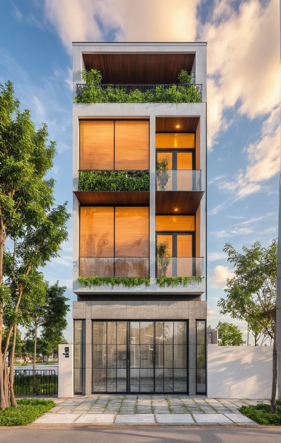 Masterpiece, high quality, best quality, authentic, super detail, outdoors, house style modern, bietthuhn, white wall, glass windows, gate road, pavement, grass, trees, Beautiful_sky, SUNSET, (day:1.1), realistic lighting