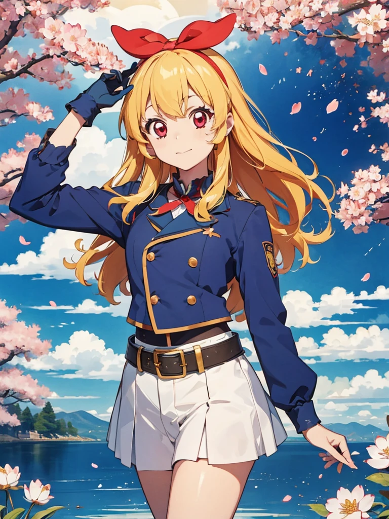 Solitary, 1 girl, Keep, arms, , sword, cape, armor, warrior刀, helmet, Gloves, sheath, japanese armor:1.5, armor:1.5, warrior:1.5，Cherry Blossoms，Cherry blossom petals flying background（（（masterpiece）））， （（best quality））， （（Intricate details））（8K）,hoshimiya ichigo,