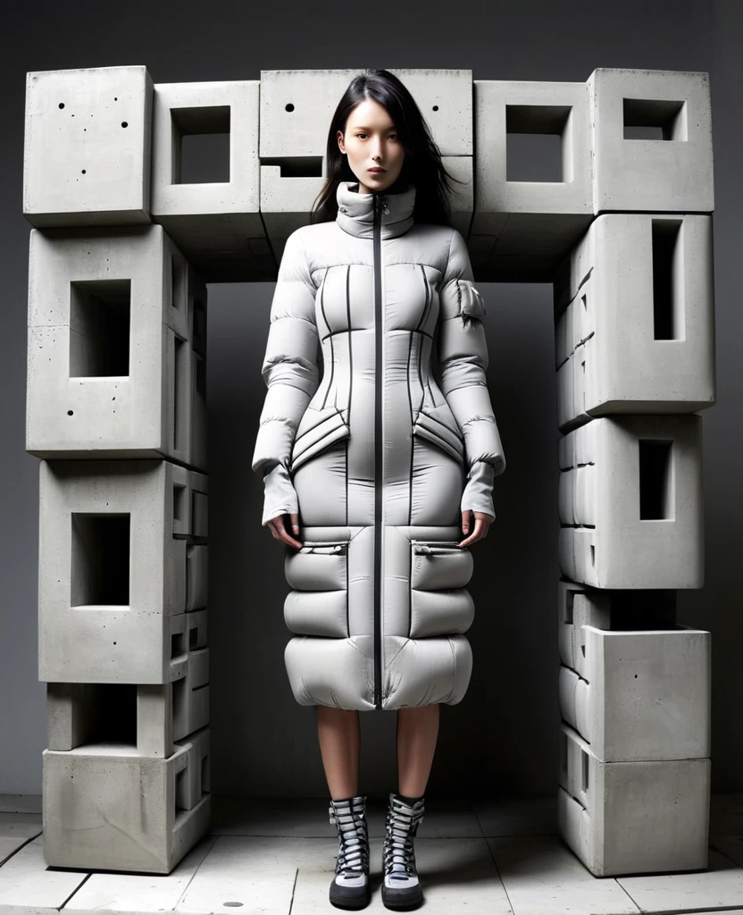 Hybrid Aesthetic Inflatable Jacket,Combined with the aesthetic of cinder block/Concrete and Carpentry/repair. Destroyed and with holes. Wrapped with steel bars. Block. Soft inflatable concrete set with many inflatable pockets,With wooden decoration. The garment should tell a story of use and decay. This dress was supposedly inspired by designer Rick Owens, high fashion model
