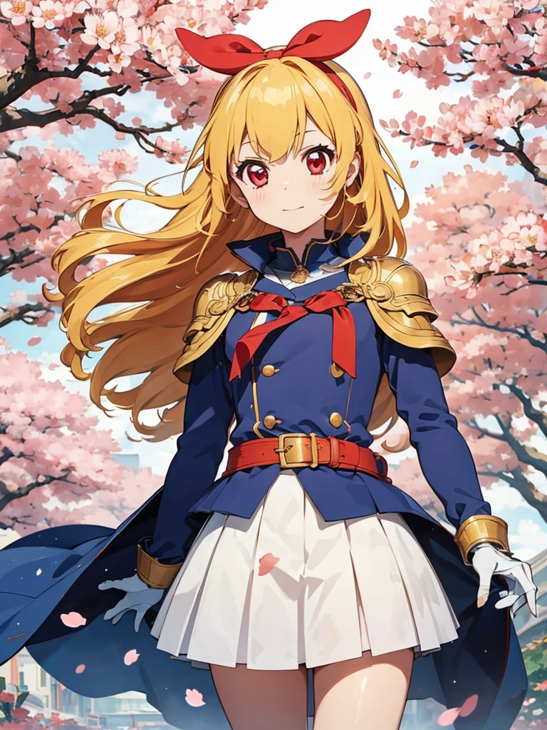 Solitary, 1 girl, Keep, arms, , sword, cape, armor, warrior刀, helmet, Gloves, sheath, japanese armor:1.5, armor:1.5, warrior:1.5，Cherry Blossoms，Cherry blossom petals flying background（（（masterpiece）））， （（best quality））， （（Intricate details））（8K）,hoshimiya ichigo,