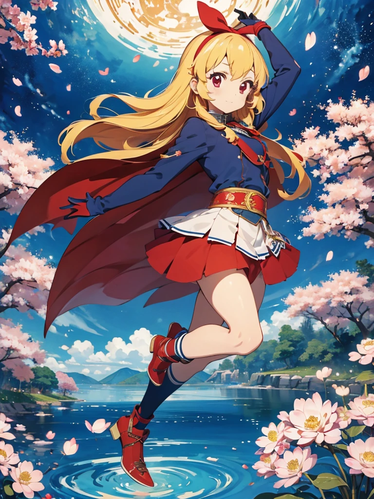 Solitary, 1 girl, Keep, arms, , sword, cape, armor, warrior刀, helmet, Gloves, sheath, japanese armor:1.5, armor:1.5, warrior:1.5，Cherry Blossoms，Cherry blossom petals flying background（（（masterpiece）））， （（best quality））， （（Intricate details））（8K）,hoshimiya ichigo,