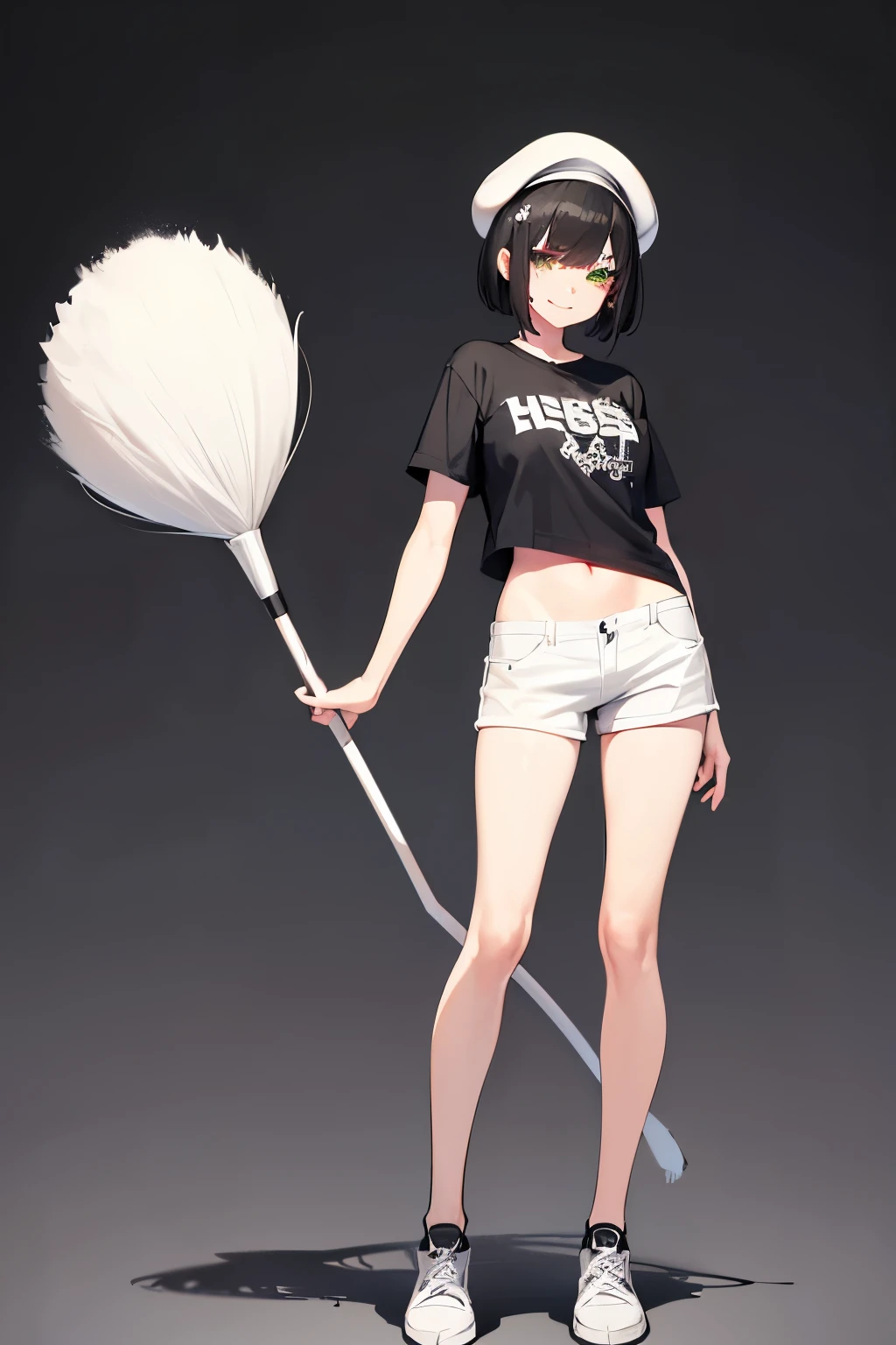 (high-resolution illustration 1.3), young female artist, (black plain T-shirt), (fluffy white short pants 1.2), sneakers, (short black bob cut), (large clear eyes 1.1), (white beret hat 1.2), (large brushes 1.2), (green ink on brush tips 1.3), slim figure, slender legs, (dynamic pose 1.2), (artistic 1.3), youthful, creative, energetic, (monochrome base with green accents 1.3), (contrast between black and white 1.2), casual, lively, (well-balanced figure), (centered in image), (full body visible), (plain white background 1.1), clean lines, clear details, (smiling expression 1.2), (looking directly at camera 1.3), (face clearly visible 1.2), (holding large brushes in both hands 1.2), (brushes held against upper body 1.1)