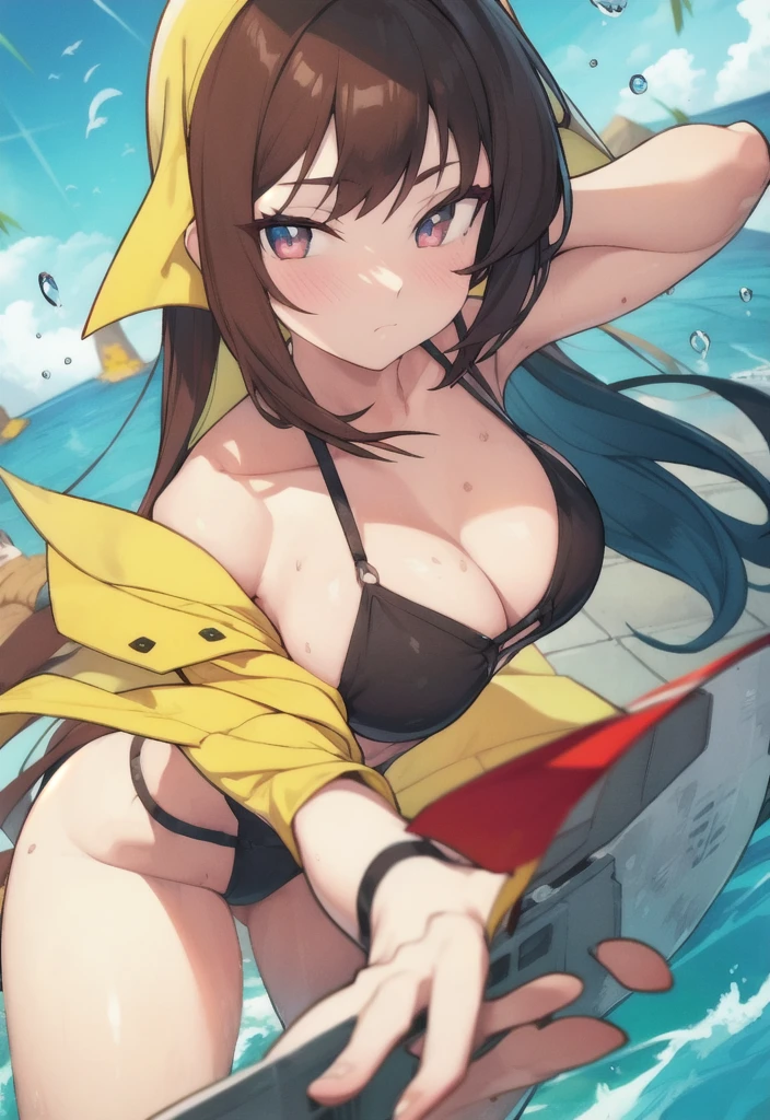 1.5),(girl),(Dynamic pose),Brown Hair,(Vermilion eyes),(first round),Big Breasts,Swimwear