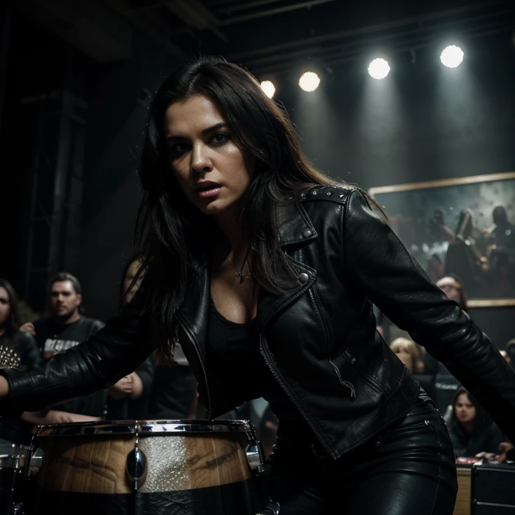 A dark-haired woman with a fierce expression, wearing a leather jacket and spiky accessories, performing on stage with a heavy metal band, (best quality,4k,8k,highres,masterpiece:1.2),ultra-detailed,(realistic,photorealistic,photo-realistic:1.37),dark and gritty atmosphere, dramatic lighting, dramatic camera angles, concert venue, intense energy, dynamic movement, powerful guitar riffs, pounding drums, deep bass, moody colors, cinematic composition