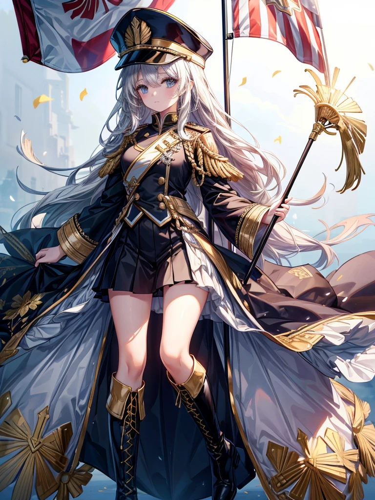 A beautiful girl skillfully manipulates the marching band flags、hat、White background、Dynamic Flag Background、The flag is black with gold floral embroidery and looks super cool.、whole body、Marching Band Uniforms、Knee-high boots、whole body、detailed、