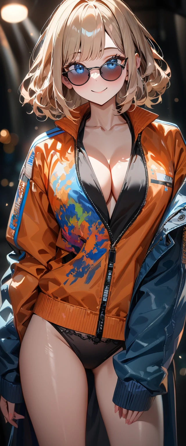 (((One girl))), blond hair, Wavy Hair, bob cut, (cowboy shot), (looking at viewer), ((black naked jacket:1.3, sleeves past wrists)), (((oversized))), cleavage, face in focus, ager, head tilt:1.3, (((blue eye))), ((sunglasses)), ((happy smile)), ((blush)), contrapposto, one hand on hip, black panties, anime style, (best quality, 4k, 8k, highres, masterpiece:1.2, ultra-detailed, ultra-detailed eyes, HDR, UHD, studio lighting, ultra-fine painting, sharp focus, physically-based rendering, extreme detail description, professional, vivid colors, bokeh)