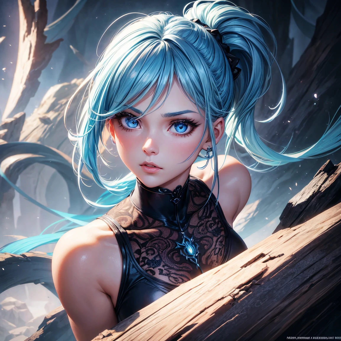 a young girl, 1girl, light blue short ponytail hair, light blue hair!!!, without breasts, blue eyes, little black tight top, little black tight shorts, full body, full body dark forest, incredibly sexy body, detailed face, beautiful detailed eyes, beautiful detailed lips, extremely detailed eyes and face, long eyelashes, intricate details, highly detailed, photo realistic, 8k, best quality, masterpiece, cinematic lighting, dramatic lighting, vibrant colors, fantasy, digital art, concept art