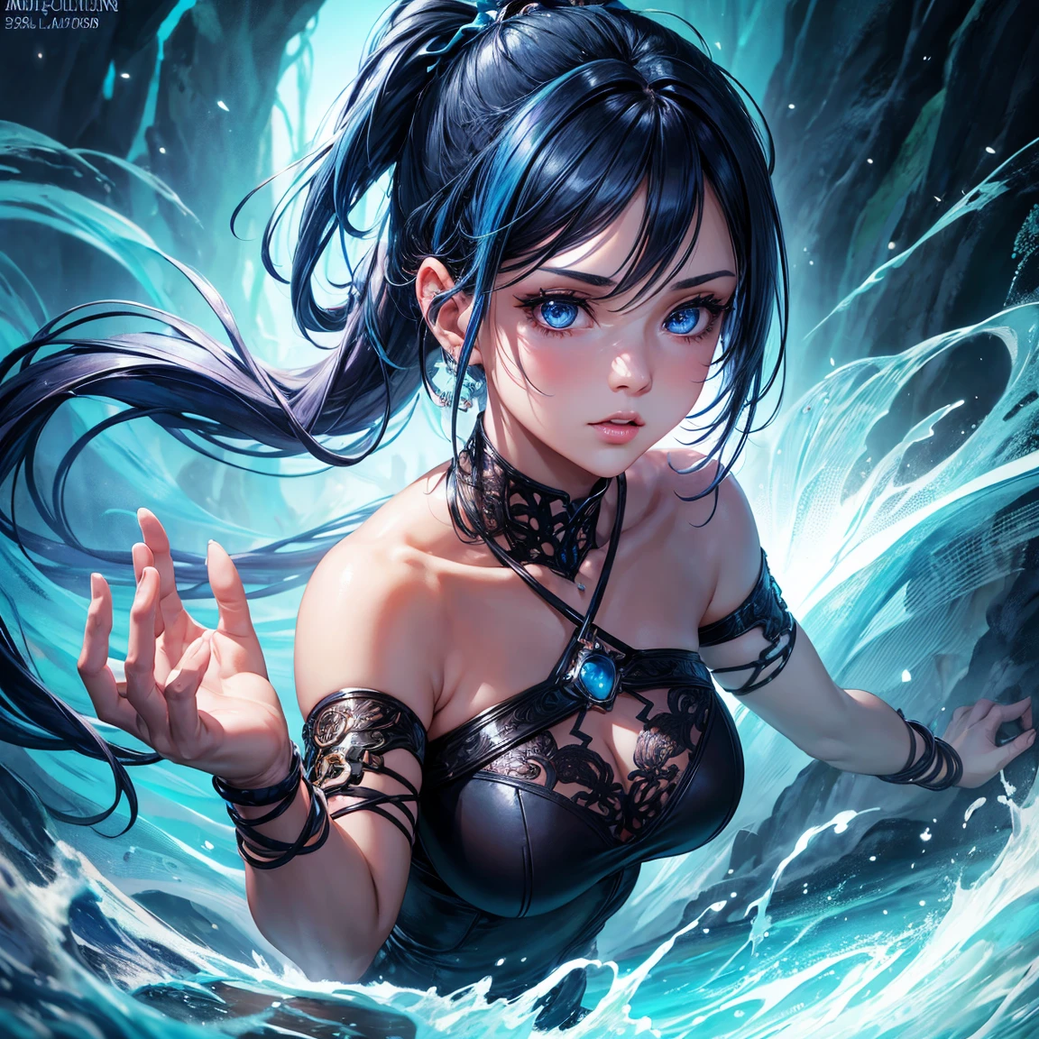 a young girl, 1girl, light blue short ponytail hair, light blue hair!!!, without breasts, blue eyes, little black tight top, little black tight shorts, full body, full body dark forest, incredibly sexy body, detailed face, beautiful detailed eyes, beautiful detailed lips, extremely detailed eyes and face, long eyelashes, intricate details, highly detailed, photo realistic, 8k, best quality, masterpiece, cinematic lighting, dramatic lighting, vibrant colors, fantasy, digital art, concept art