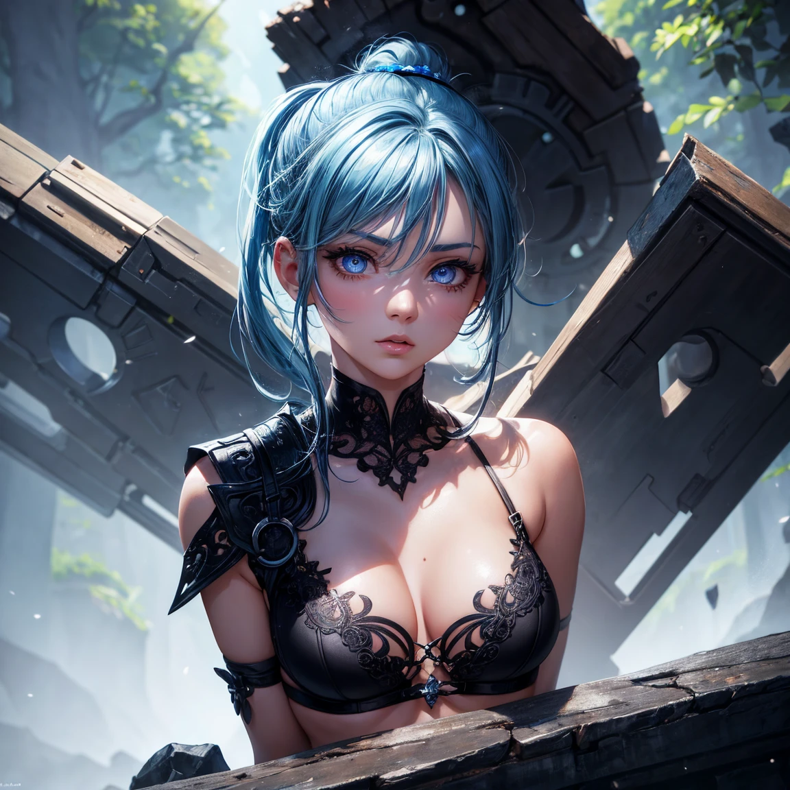 a young girl, 1girl, light blue short ponytail hair, light blue hair!!!, without breasts, blue eyes, little black tight top, little black tight shorts, full body, full body dark forest, incredibly sexy body, detailed face, beautiful detailed eyes, beautiful detailed lips, extremely detailed eyes and face, long eyelashes, intricate details, highly detailed, photo realistic, 8k, best quality, masterpiece, cinematic lighting, dramatic lighting, vibrant colors, fantasy, digital art, concept art