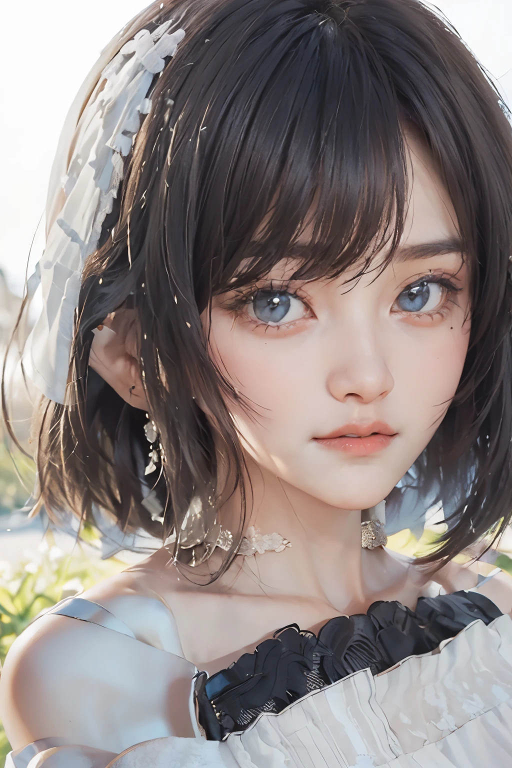 (Raw photo, Best Quality), (Realistic, Photorealsitic:1.3), masutepiece, extremely delicate and beautiful, Extremely detailed, nffsw, Unity, 8K, amazing, finely detail, Ultra-detailed, hight resolution, absurderes, Soft light, (Black hair, Short hair, Curly hair, hair messy, Bangor Tiful Detail Girl, Detailed fingers, extremely detailed eye and face, beautiful detailed nose, Beautiful detailed eyes, (Light on Face), Looking at Viewer, (Closed mouth:1.2), 1girl in, Cute, 年轻, Mature Face, pale skin, (Half body:1.3, sittingium&#39;breastsout), Realistic face, Realistic body, beautiful detailed thigh, (ulzzang -6500-v1.1:0.6), Black shirt,  (Semi-smile:1.3),cowboy  shot