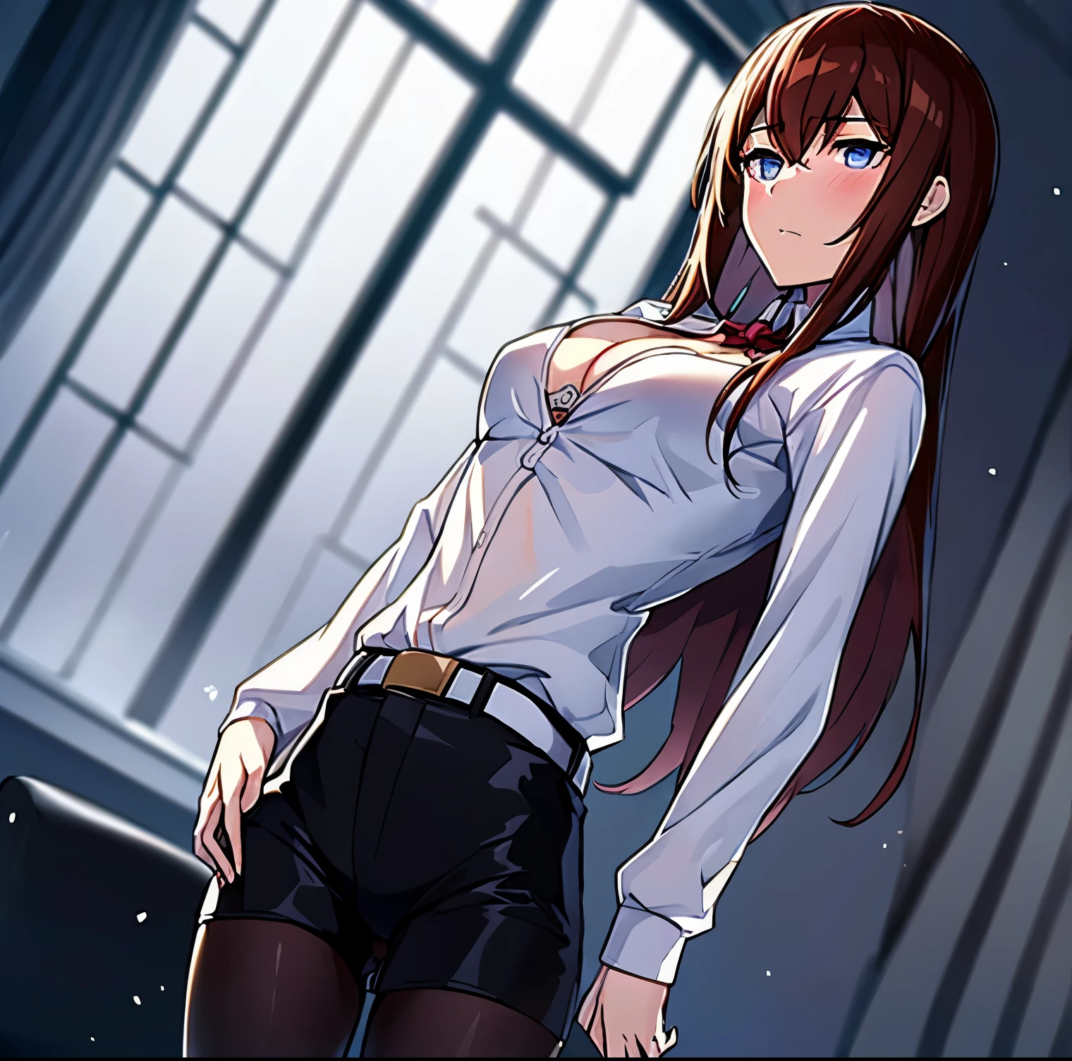 ((1 girl)),((alone)), makise kurisu,((Extremely detailed CG unity 4k wallpaper)),(Masterpiece),(ultra quality),(Ultra detailed),(high illustration),( best shadow),(extremely detailed),(best resolution),(absurdity),(detailed background),(dynamic pose),(cowboy shot),medium breasts, narrow waist, wide hips, medium thighs, round butt, hair reddish brown, long, violet blue eyes, serious face, stoic expression, blushing, small smile, , Beautiful detailed eyes, looking at viewer, suductive gaze, khaki jacket, thigh-high, white dress shirt, tight shirt, ((cleavage)), black_white belts on arms, white shirt, black pants, tight shorts, belt white, black tights pantyhose, nail polish,((solo)), closed mouth, Backlit,((standing:1.4 in, sofa, apartment, room, living room, window, urban background, night, city lights, thinking in the future)), looking back, from behind, ((focus on ass)), pov: (from below), perfect anatomy, perfect hands