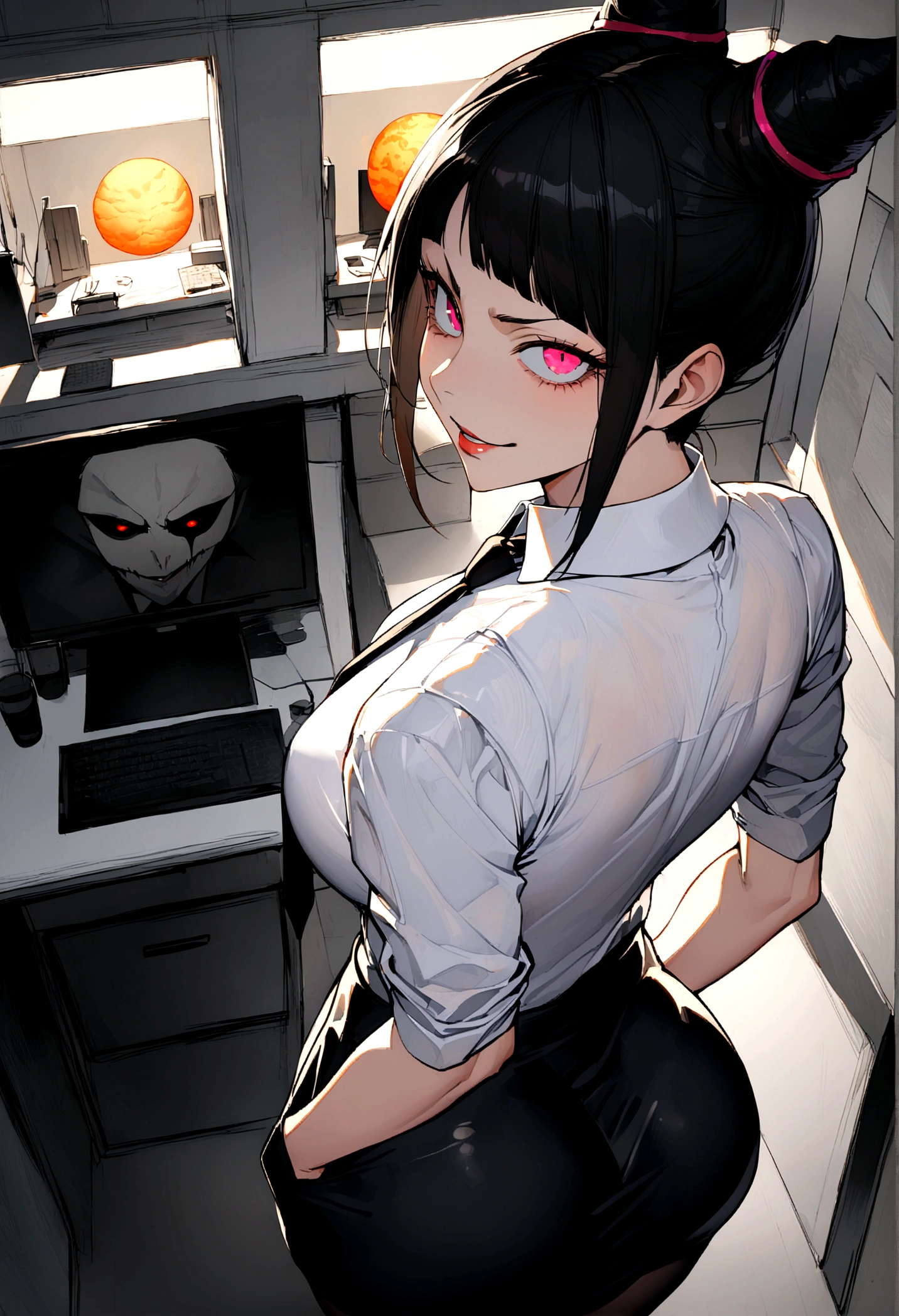 juri han, looking back,hands in pocket,work of art, tight white secretary shirt with black tie, black high waist skirt, short skirt,stocking, black hair, black tightscary sun,office,bangs on the eyes,lighting,horn of hair,view from above,evil smile,beautiful ass detailed