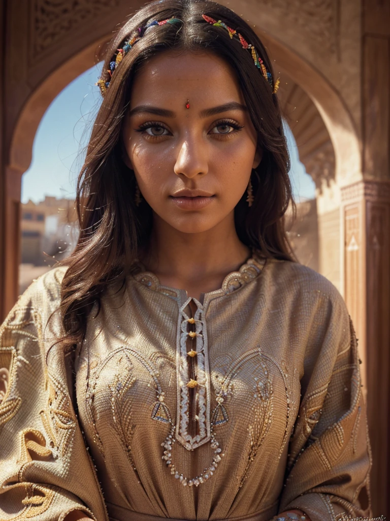a maroccan caftan, beautiful detailed eyes, beautiful detailed lips, extremely detailed eyes and face, long eyelashes, traditional moroccan patterns, intricate embroidery, vibrant colors, (best quality,4k,8k,highres,masterpiece:1.2),ultra-detailed,(realistic,photorealistic,photo-realistic:1.37),vibrant colors, warm lighting, dramatic shadows, cinematic composition, portrait
