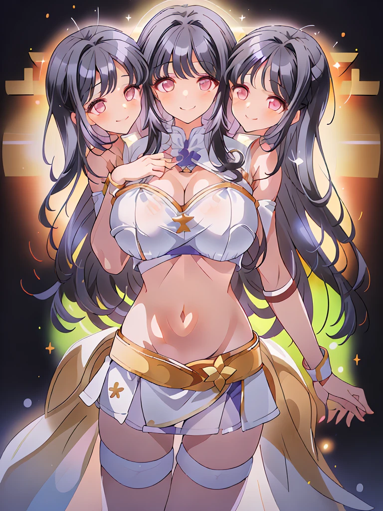 (masterpiece, best quality), best resolution, (3heads:1.5), 1girl, black hair, long flowing hair, smiling, seductive smile, open belly, white crop top, white miniskirt, open breasts, big tits, very huge tits, black headband, beautiful eyes, alluring presence,
