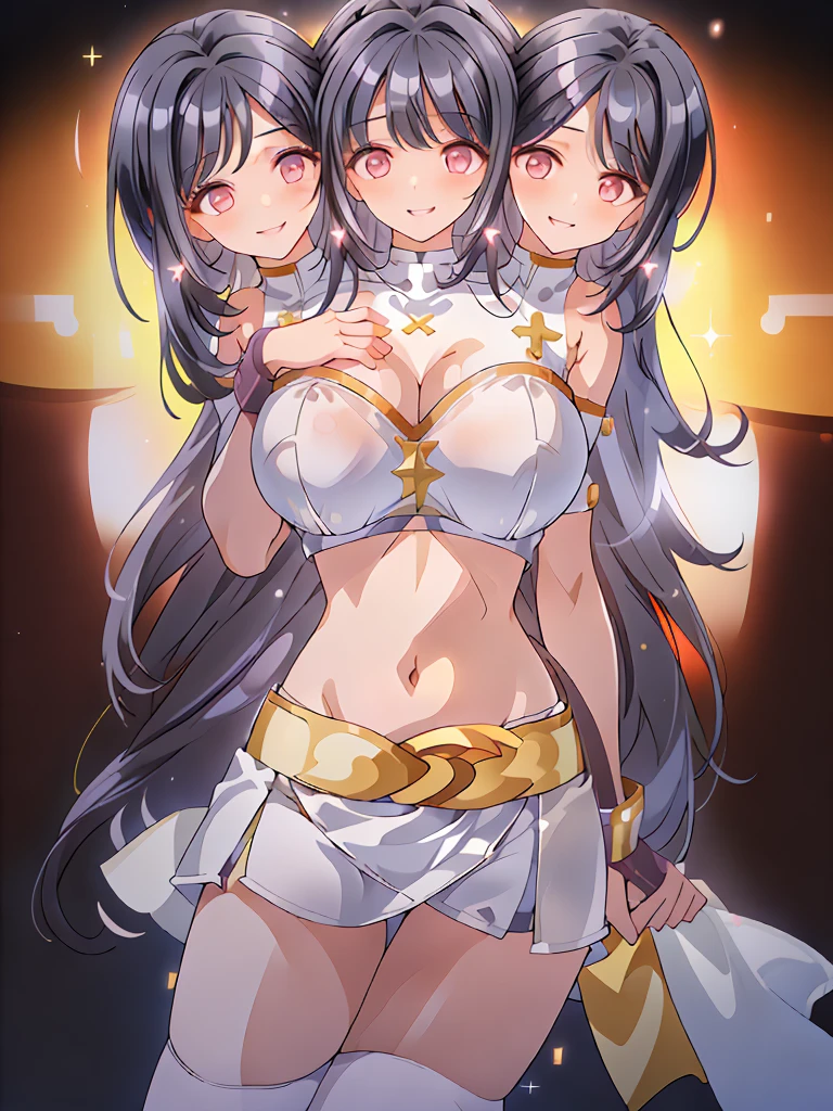 (masterpiece, best quality), best resolution, (3heads:1.5), 1girl, black hair, long flowing hair, smiling, seductive smile, open belly, white crop top, white miniskirt, open breasts, big tits, very huge tits, black headband, beautiful eyes, alluring presence,