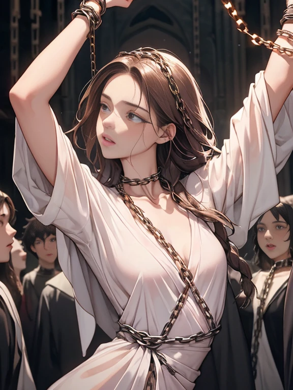 {(watercolor painting:1.2),(renaissance style:1.2)}, {hime cut}, BREAK, {erotic face,anguish,(very ecstasy:1.2),(writhing:1.4),embarrassing,half open eye},{(very obscene pose:1.2),(arched back:1.2),(arch one's head:1.4)}, {(dark_pink colored yukata:1.2), (chains fundoshi:1.2), (wet clothes:1.2)}, BREAK, {(many chains from the ceiling:1.4), (chain shibari:1.3),(chain bondage), (chain restraint),(wrap limbs with chains:1.8),(chain bind body),(chain in collar:1.2), confinement, shackles}, BREAK, {(2 woman:1, medium breasts, brown eyes, (lick each other, saliva), braid hair intricately)},{dynamic low angle view}, {(dark church glowing stained glass:1.2)}, BREAK,{(glowing tears:1.1),(captivating eyes),extremely detail hair, (pure white skin:1.1)}