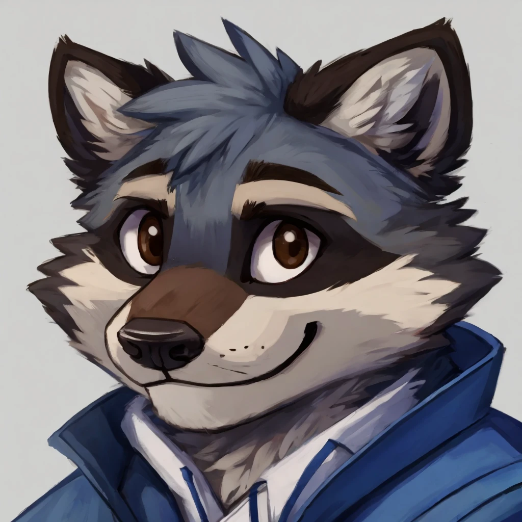 headshot of a grey fur anthropomorphic raccoon, closed smile, he has brown eyes, he's dressed with a blue jacket, high quality furry art, high quality fursona ref.