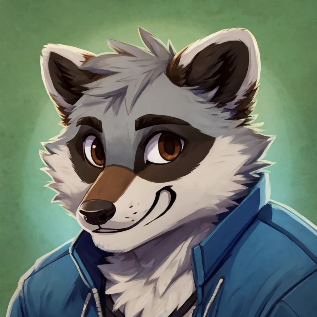 headshot of a grey fur anthropomorphic raccoon, closed smile, he has brown eyes, he's dressed with a blue jacket, high quality furry art, high quality fursona ref.