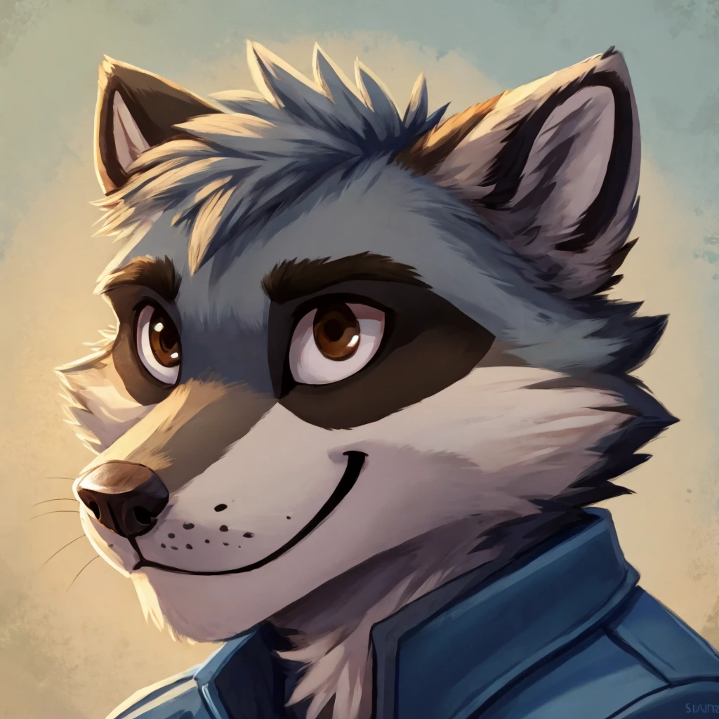 headshot of a grey fur anthropomorphic raccoon, closed smile, he has brown eyes, he's dressed with a blue jacket, high quality furry art, high quality fursona ref.