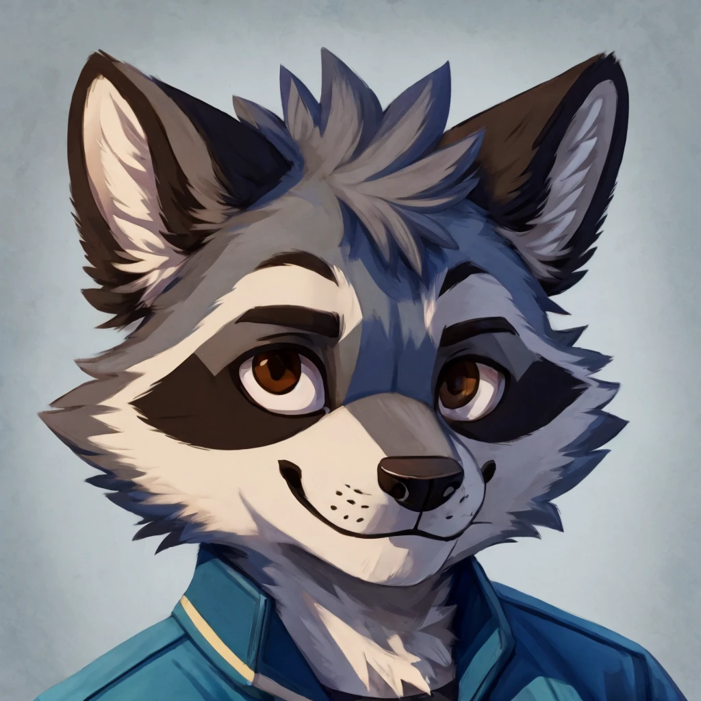 headshot of a grey fur anthropomorphic raccoon, closed smile, he has brown eyes, he's dressed with a blue jacket, high quality furry art, high quality fursona ref.