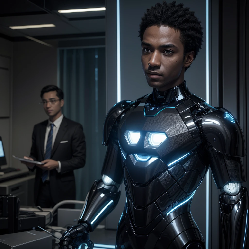 A dark-skinned businessman,scientist and inventor, in the company creating a robot, Artificial intelligence, electricity wall pictures
