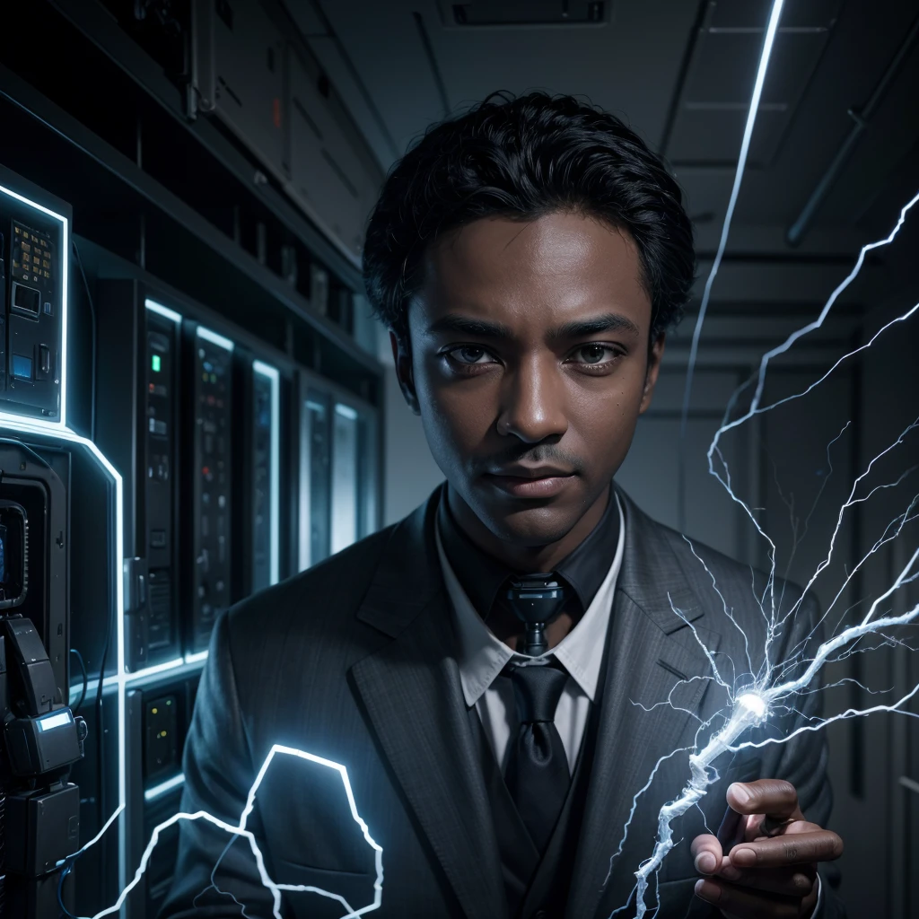 A dark-skinned businessman,scientist and inventor, in the company creating a robot, Artificial intelligence, electricity wall pictures