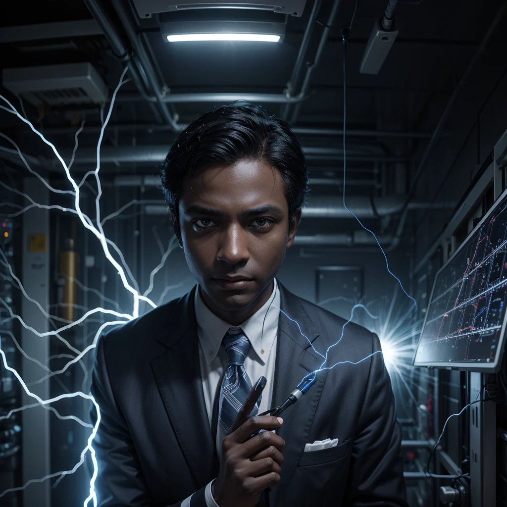 A dark-skinned businessman,scientist and inventor, in the company creating a robot, Artificial intelligence, electricity wall pictures