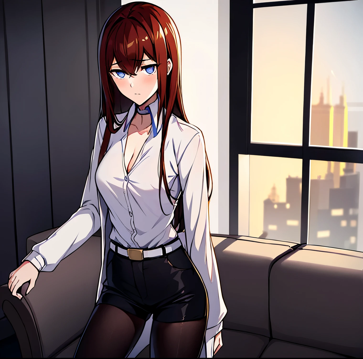 ((1 girl)),((alone)), makise kurisu,((Extremely detailed CG unity 4k wallpaper)),(Masterpiece),(ultra quality),(Ultra detailed),(high illustration),( best shadow),(extremely detailed),(best resolution),(absurdity),(detailed background),(dynamic pose),(cowboy shot),medium breasts, narrow waist, wide hips, medium thighs, round butt, hair reddish brown, long, violet blue eyes, serious face, stoic expression, blushing, small smile, , Beautiful detailed eyes, looking at viewer, suductive gaze, khaki jacket, thigh-high, white dress shirt, tight shirt, ((cleavage)), black_white belts on arms, white shirt, black pants, tight shorts, belt white, black tights pantyhose, nail polish,((solo)), closed mouth, Backlit,((standing:1.4 in, sofa, apartment, room, living room, window, urban background, night, city lights, thinking in the future)), looking forward,((focus on breasts)), pov: (from the middle), perfect anatomy, perfect hands