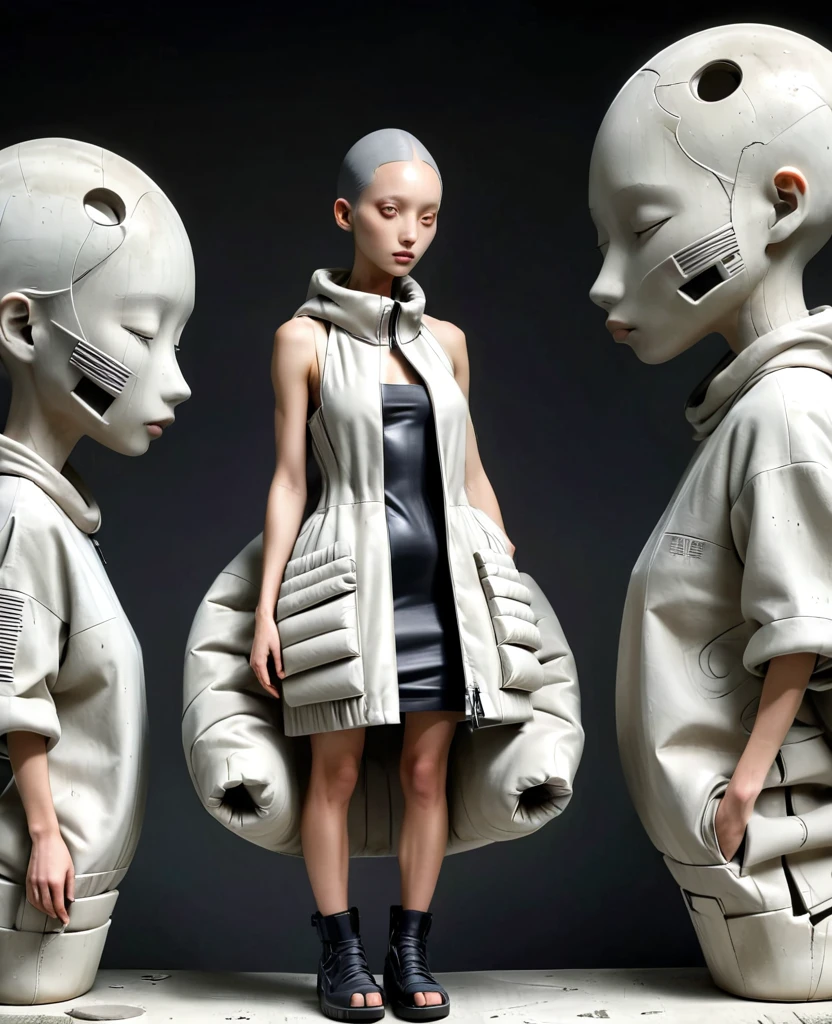 Hybrid Aesthetic Inflatable Jacket，Combined with the aesthetic of cinder block/Concrete and Carpentry/repair. Destroyed and with holes. Wrapped with steel bars. Block. Soft inflatable concrete set with many inflatable pockets，With wooden decoration. The garment should tell a story of use and decay. This dress was supposedly inspired by designer Rick Owens, high fashion model