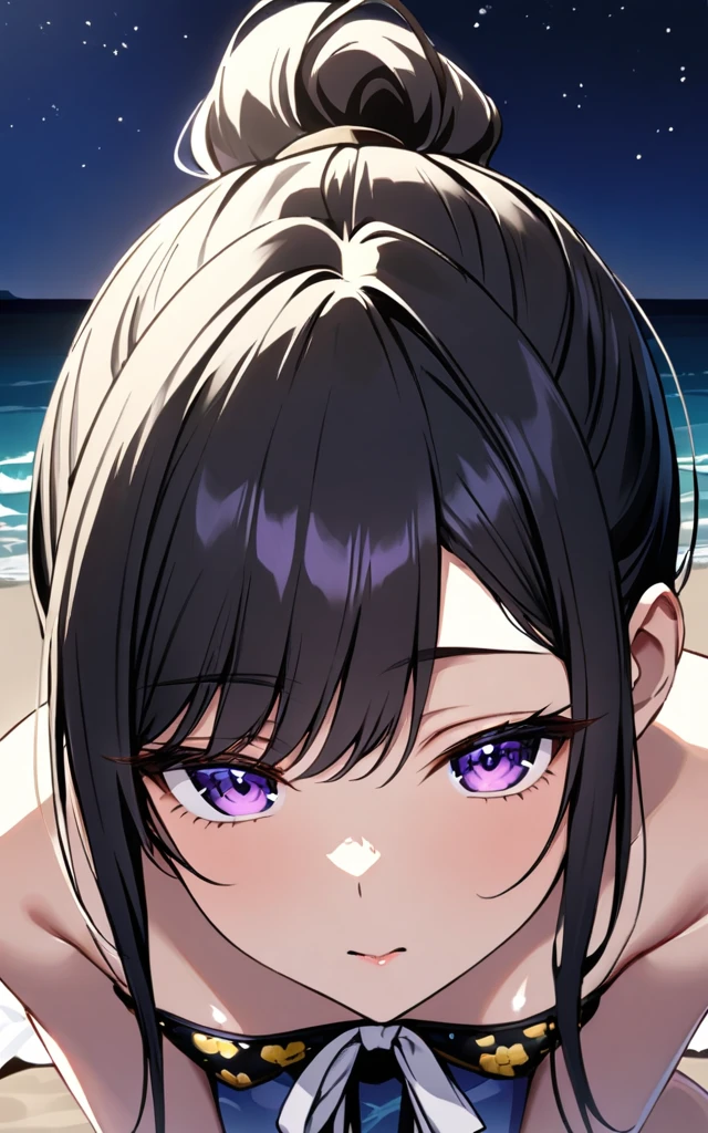 (Best quality:1.3), kafka, large breasts, bikini, (pov, close shot), smiling:0.8, blushing:1.4, beach, (sweaty:1.1), purple hair, purple eyes 