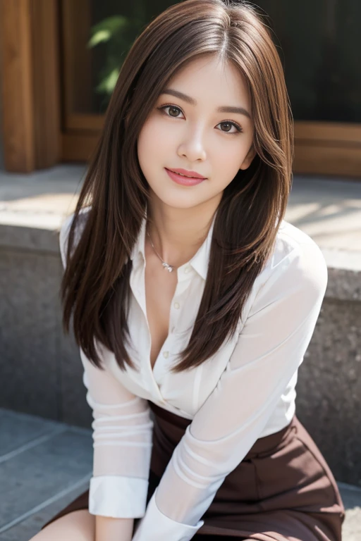 (RAW Photos), (Realistic), (masterpiece), (Highest quality), High resolution, 8K, (Intricate details), (Volumetric Light), Portraiture, woman, 20-year-old, Medium Hair, Straight hair, , Layered Hair, Brown Hair, Very beautiful eyes, Source order, Very thin eyebrows, Very fine skin, Very beautiful mouth, Very nice nose, Cute like an idol, smile, (Thick lips), (Looking at the audience), (White Collar Dress Shirt), Above the knee shot,