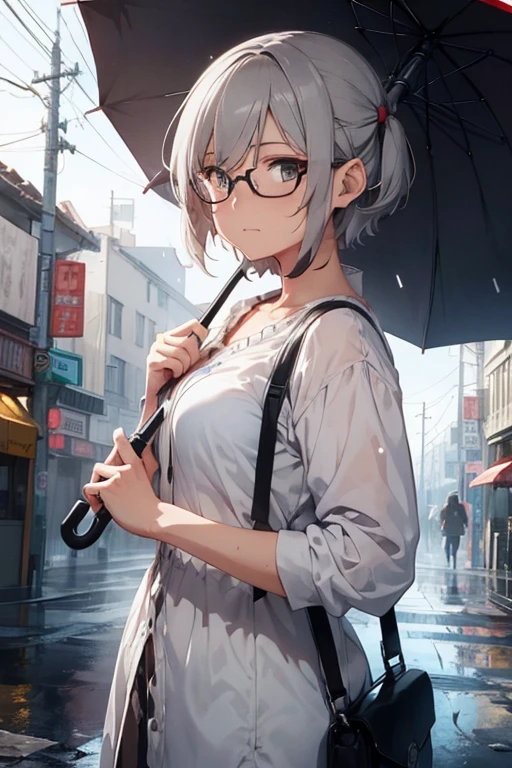 BREAK,female,old,Glasses,Gray Hair,Short Hair,BREAK she holds an umbrella in left hand.BREAK she holds a pistol in right hand.BREAK {{{masterpiece}}},{best quality},{super detailed},super fine illustration,8K.beautiful background,rain