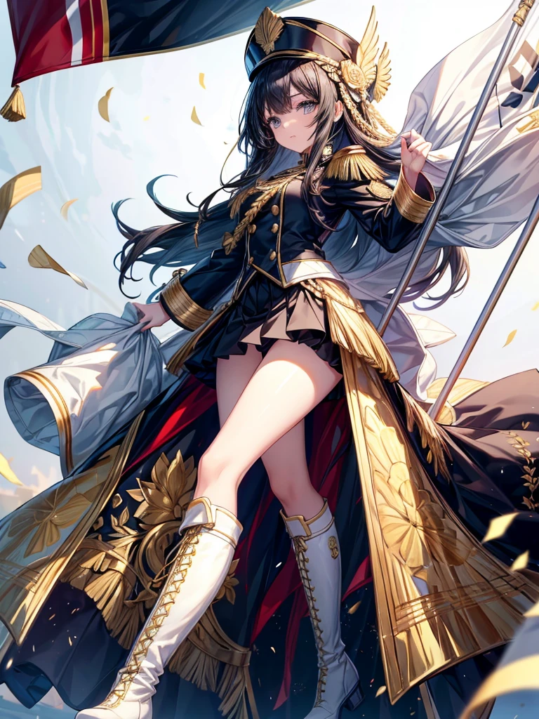 A beautiful girl skillfully manipulates the marching band flags、hat、White background、Dynamic Flag Background、The flag is black with gold floral embroidery and looks super cool.、whole body、Marching Band Uniforms、Knee-high boots、whole body、detailed、Low angle shot、