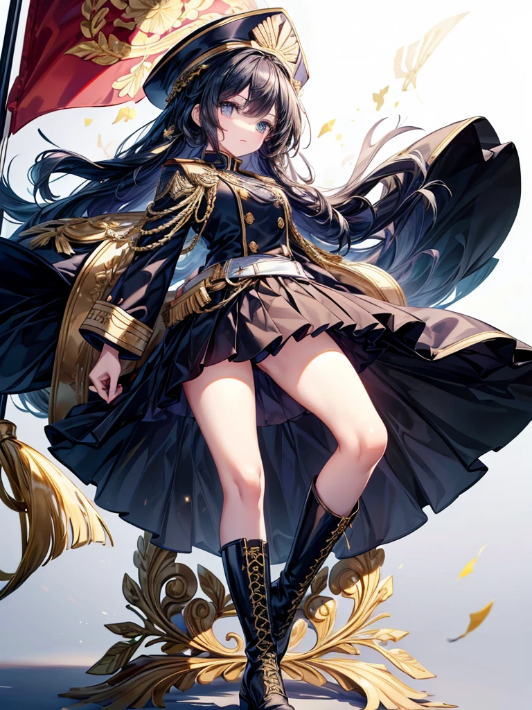 A beautiful girl skillfully manipulates the marching band flags、hat、White background、Dynamic Flag Background、The flag is black with gold floral embroidery and looks super cool.、whole body、Marching Band Uniforms、Knee-high boots、whole body、detailed、Low angle shot、