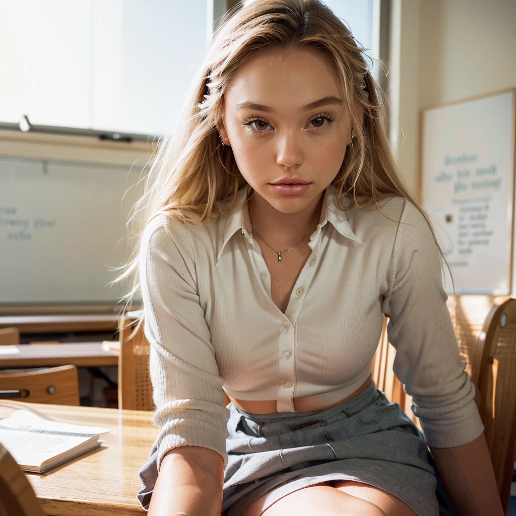 Realistic photo of a beautiful 18 year old (((ALEXIS-REN))), (best quality,ultra-detailed,realistic:1.2),beautiful detailed eyes,beautiful detailed lips, blonde hair, student, classroom, learning,  sitting at desk, books, teacher, pencil, school girl skirt outfit