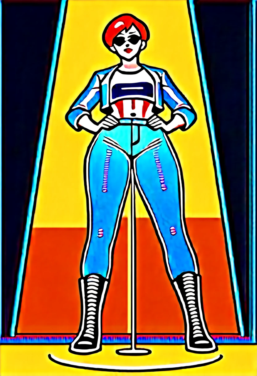 ,((1girl, solo)), pixie cut, red hair, short hair, sunglasses, red lipstick, hands on hips, standing, full body, black leather jacket, white crop top, blue jeans, black boots, ((wetting self, pee stains, yellow puddle, peeing self, wet spot on pants)), public street background, looking at viewer, seen from below, dynamic angle