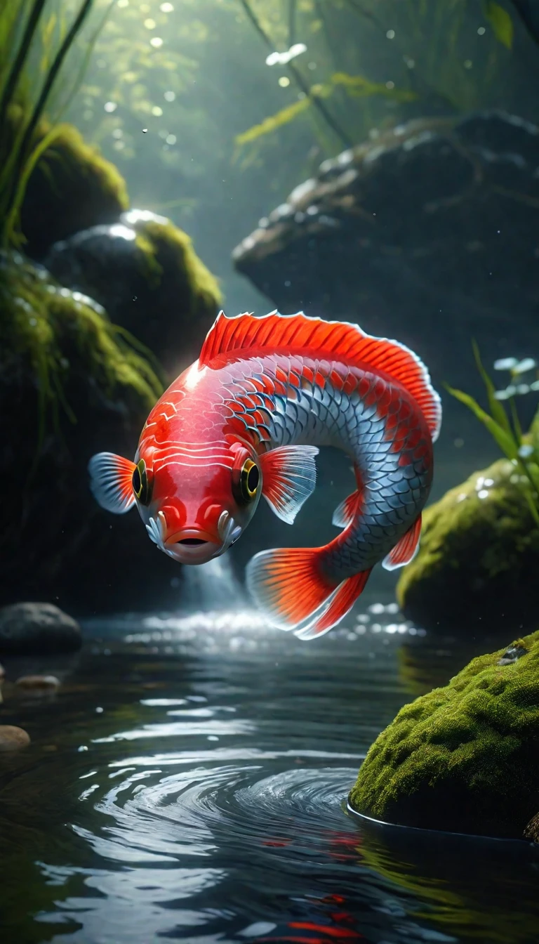 There is a creature in the river that has a human head and a red fish body.，Mysterious Creatures, shrike, (best quality，4K，8K，High level，masterpiece：1.2），Ultra Detailed，（lifelike，Photo real，Photo real：1.37），Highly detailed animals，Complex patterns，Realistic lighting，Fantasy Creatures