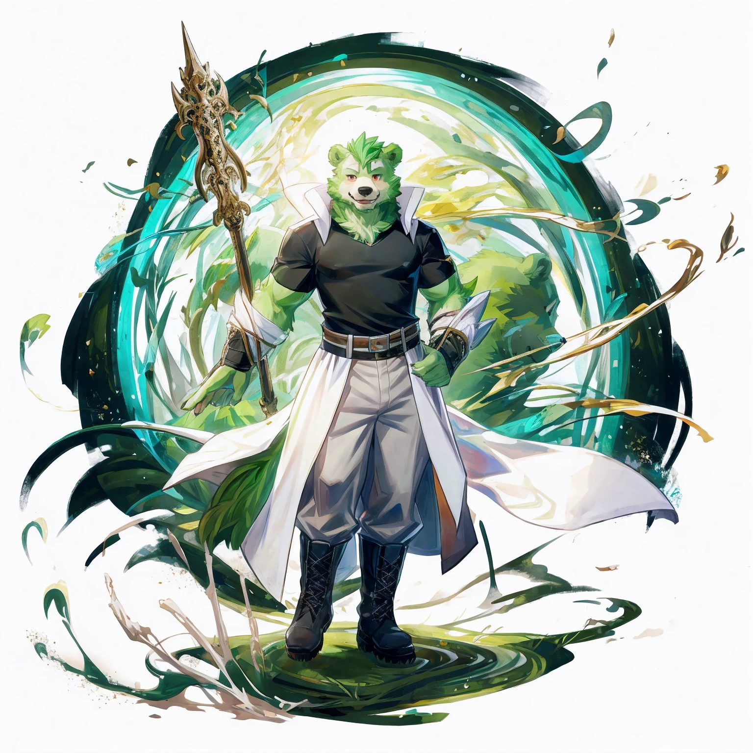 anthro, kemono, male, solo, (((anthro bear))), (((green bear))), (((green fur))), green hair, red eyes, beard, white eyebrows, mature, sexy, blush, wink, white background, mage staff, magic, ((((black t-shirt inside), (((white long coat))), gray trousers, military boots))), full body, splash art,