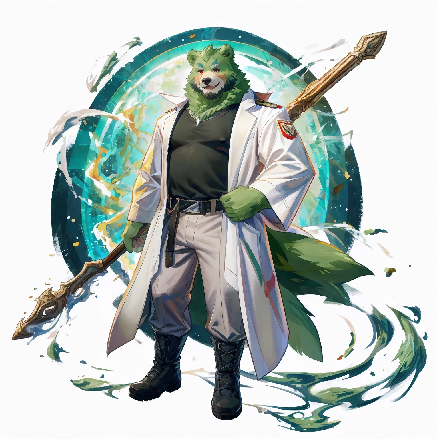 anthro, kemono, male, solo, (((anthro bear))), (((green bear))), (((green fur))), green hair, red eyes, beard, white eyebrows, mature, sexy, blush, wink, white background,  mage staff, magic, ((((black t-shirt inside), (((white long coat))), gray trousers, military boots))), full body, splash art, 