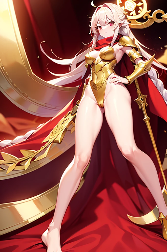 extremly detaled, dynamic back kneel pose, bare feet, detaled feet, ,goddess, gold detaled armor with red finish, long white hair, red cape and scarf, gold hair clip, gold heavy armor with red finish, show big ass and pussy, orginal hairstyle with braids