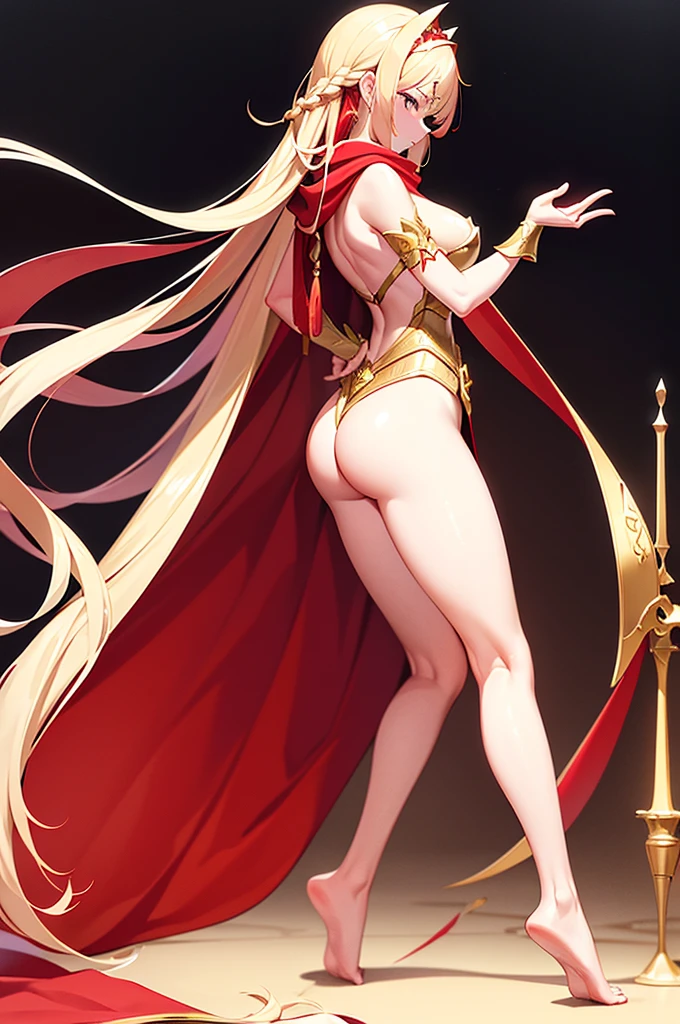 extremly detaled, dynamic back kneel pose, bare feet, detaled feet, ,goddess, gold detaled armor with red finish, long white hair, red cape and scarf, gold hair clip, gold heavy armor with red finish, show big ass and pussy, orginal hairstyle with braids