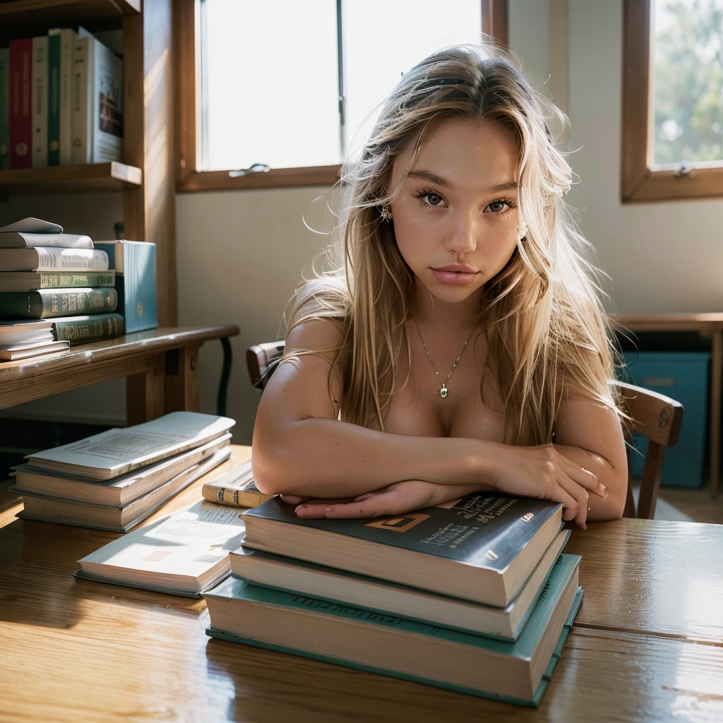 Realistic photo of a beautiful 18 year old (((ALEXIS-REN))), (best quality,ultra-detailed,realistic:1.2),beautiful detailed eyes,beautiful detailed lips, blonde hair, student, classroom, learning, sitting at desk, books, teacher, pencil