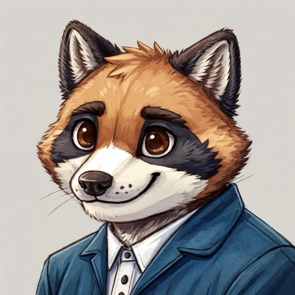 headshot of a grey fur anthropomorphic raccoon, closed smile, animal crossing style, he has brown eyes, he's dressed with a blue jacket, high quality furry art, high quality fursona ref.