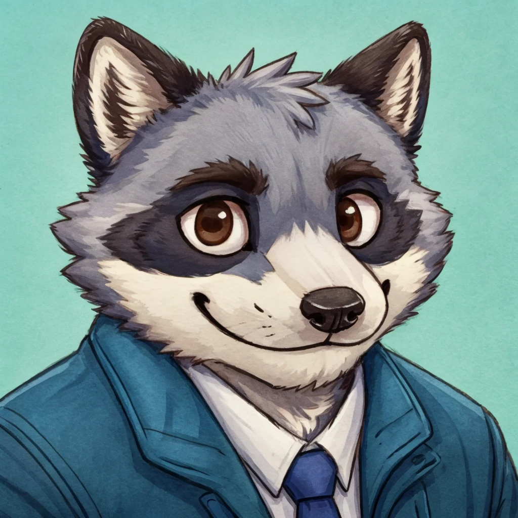 headshot of a grey fur anthropomorphic raccoon, closed smile, animal crossing style, he has brown eyes, he's dressed with a blue jacket, high quality furry art, high quality fursona ref.