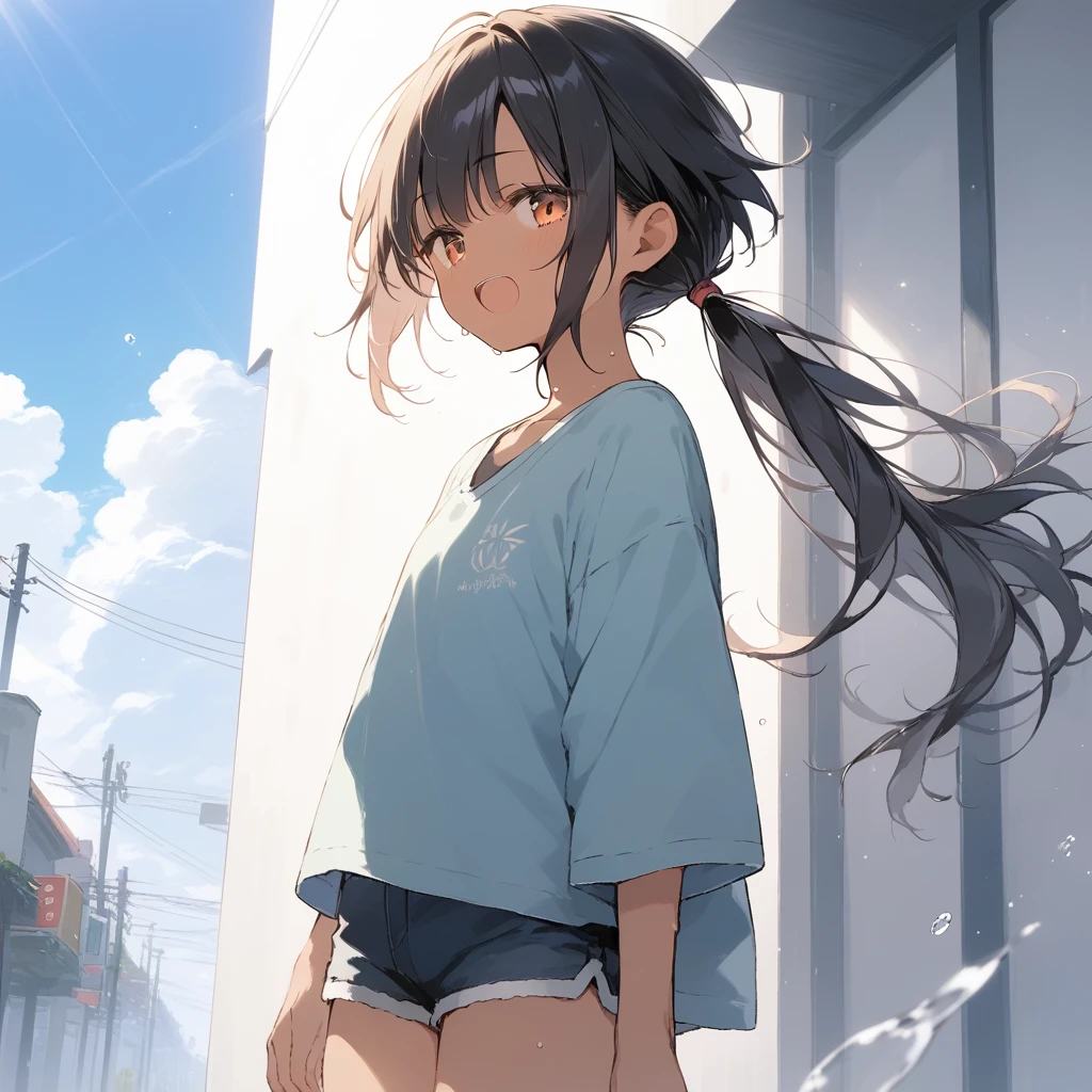 score_9, score_8_up, score_7_up, source_anime, best quality, masterpiece, official art, absurdres, highres, ultra-detailed,waifu2x,Collection: Slice of Life,break,1girl, tomboy, dark-skinned female, short hair, low ponytail, flat chest, beautiful detailed eyes, short shorts, sweat, open mouth, (yawn:0.3), sleepily, outdoors, wind, break,(clear line illustration:1.2),very high resolution, very aesthetic, super detailed skin, Best sexual lighting powered by famous artist, 8k,cute picture,beauty illustration,photoshop_(medium),,(Detailed Lighting),best anime 8k konachan wallpaper, pixiv contest winner,