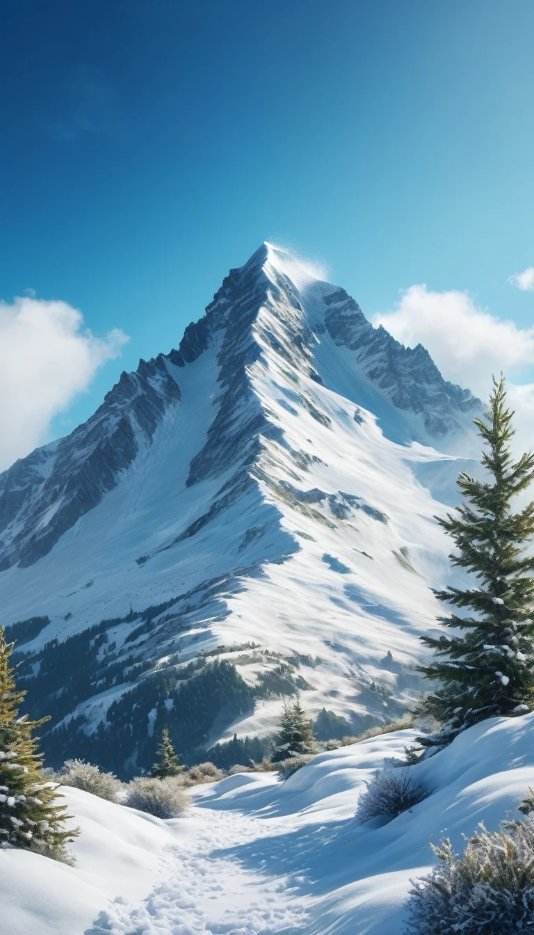 Mountain landscape, snow on mountain peak, bottom-up image, vegetation, blue sky, cinematic lighting, aspect ratio 19:6, image quality 4k, image resolution 4k, upscale 8x, masterpiece, dreamy, surrealism,