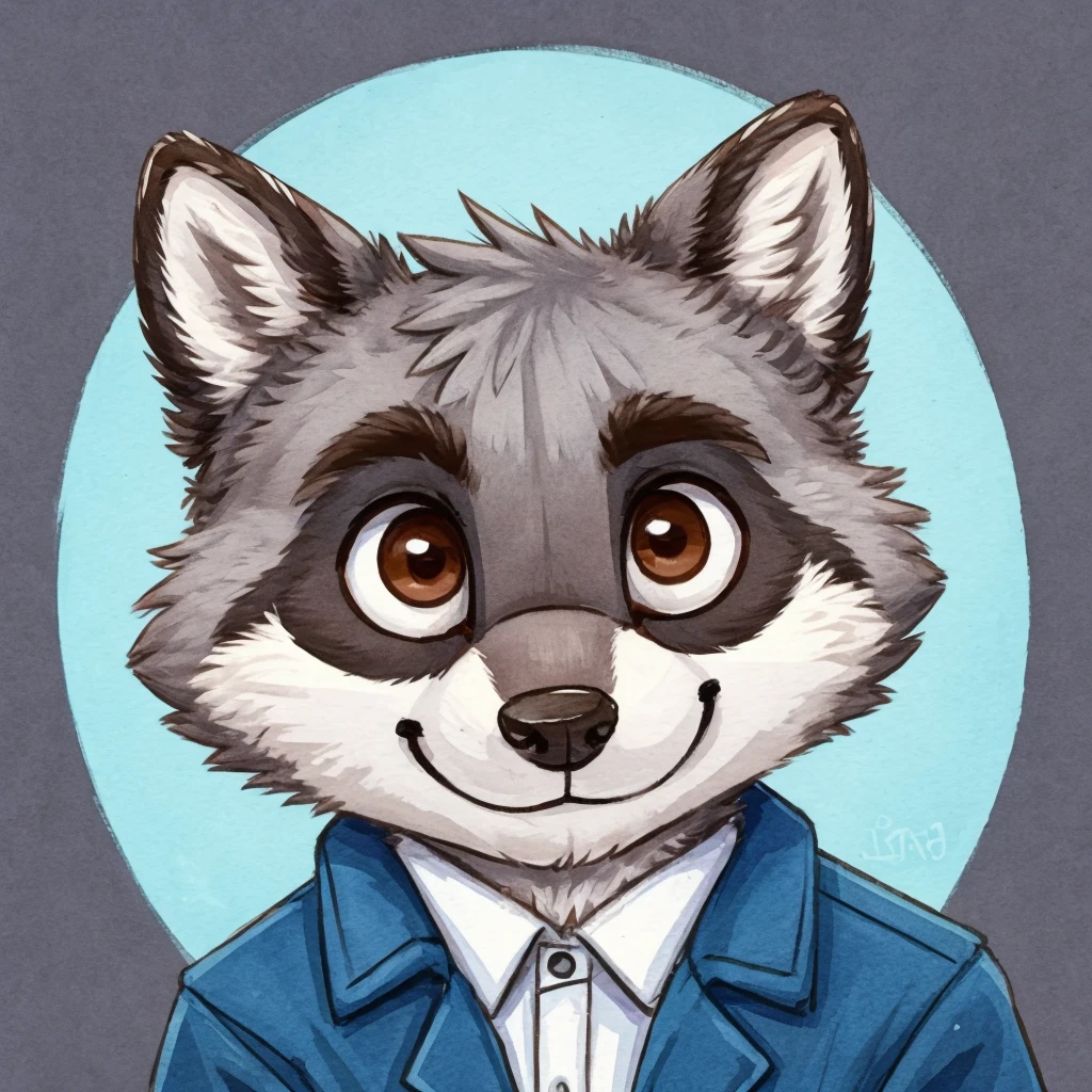 headshot of a grey fur anthropomorphic raccoon, closed smile, chibi style, he has brown eyes, he's dressed with a blue jacket, high quality furry art, high quality fursona ref.