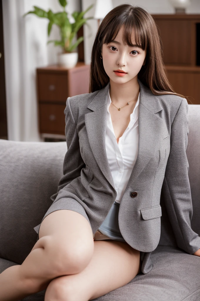 a  girl, she is the most beautiful actress in japan, the perfect body proportions of this girl, the blazer is firmly worn on the formal shirt which is worn her whole upper body, nothing is worn on her bare crotch between her opened legs, the opened legs of this girl sitting on a sofa, her anus, her labia, her urethra, her vagina, her clitoris, her pubic hair, in the living room, nsfw, best quality, highly detailed, masterpiece, ultra high res, photo realistic, 8k