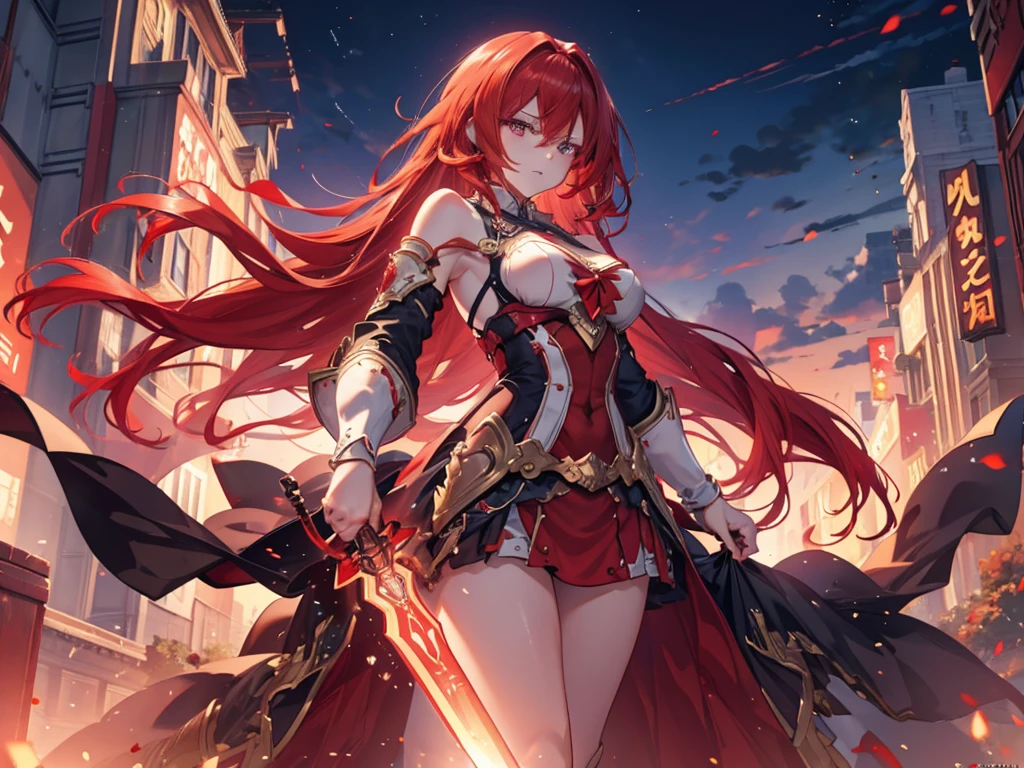 Anime style painting, Aurora, Heavy makeup, Holding a sword, An illustration, Calm expression, Perfect hands, elder, Redhead, Dignity at 50, ほろ酔いのwoman, alone、masterpiece、Highest quality、(Babes)、Fractal Art、Red eyes、Narrow eyes、Black and red dress, Reddish lips、From the shoulders up、Serious face、一人のwoman、{{{Red Long Ponytail}}}, Curly Hair, Red eyes,Golden accessories, alone, Big Breasts, woman, Take-out, Provocative laughter,40 year old woman,Queen of Sadism, Perfect Human Medicine,Acheron, Estilo Genshin Impact, Combat pose, Very detailed, High resolution, whole body, Sword Rain Red, Black Hole Red