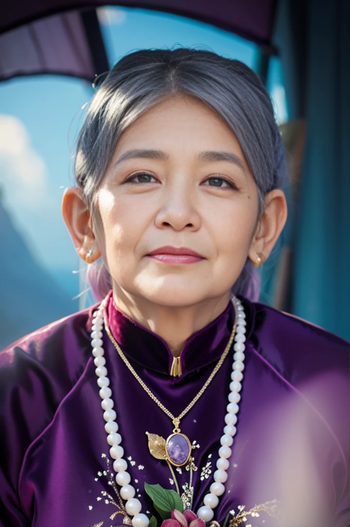 Highly realistic photo, ((masterpiece), (best quality), (raw photo), (photorealistic:1.4), Portrait of a 85 year old Vietnamese woman, ((wearing a purple velvet Vietnamese aodai)) , ((gray hair)), gold necklace and beaded necklace, (light blue background) , photo taken by Sony A7IV
